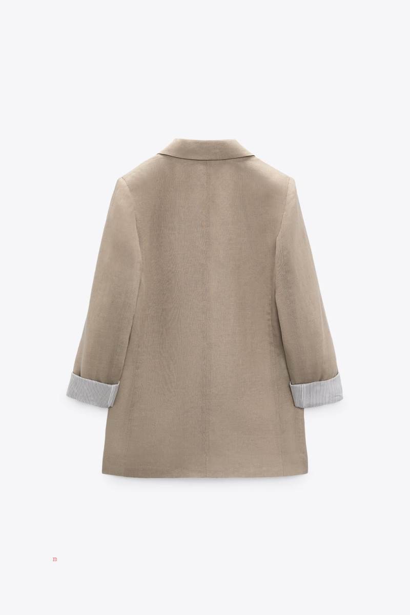ZARA LINEN WITH PRINTED SLEEVES Blazers Dam Beige | YTJDV-7013
