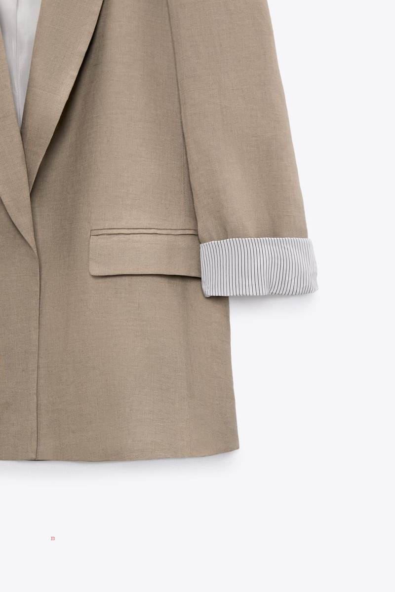ZARA LINEN WITH PRINTED SLEEVES Blazers Dam Beige | YTJDV-7013