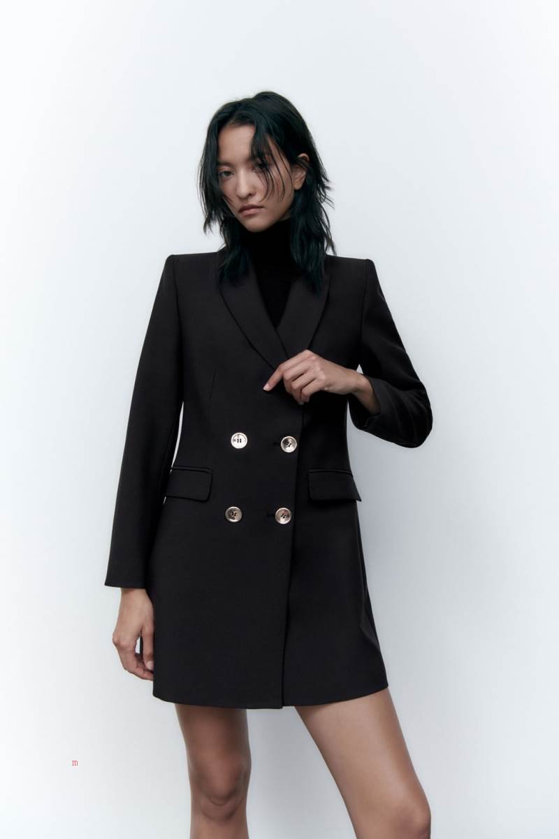 ZARA LONG DOUBLE-BREASTED Blazers Dam Svarta | JHNDX-1250