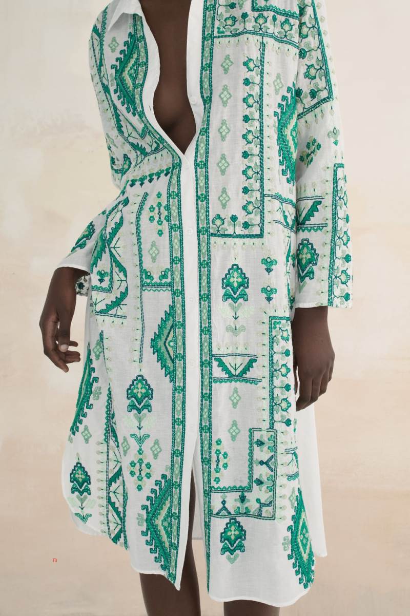 ZARA LONG EMBROIDERED Skjorta Dam Vita | QKGIC-8205