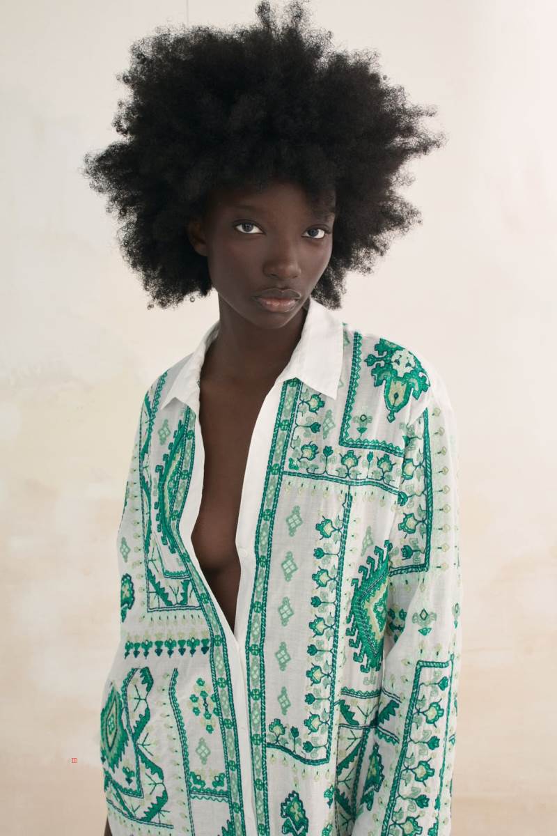 ZARA LONG EMBROIDERED Skjorta Dam Vita | QKGIC-8205