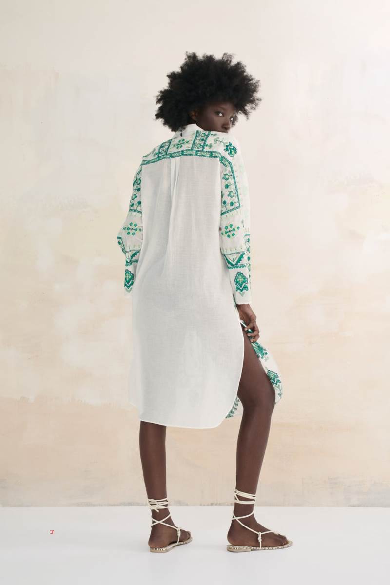 ZARA LONG EMBROIDERED Skjorta Dam Vita | QKGIC-8205