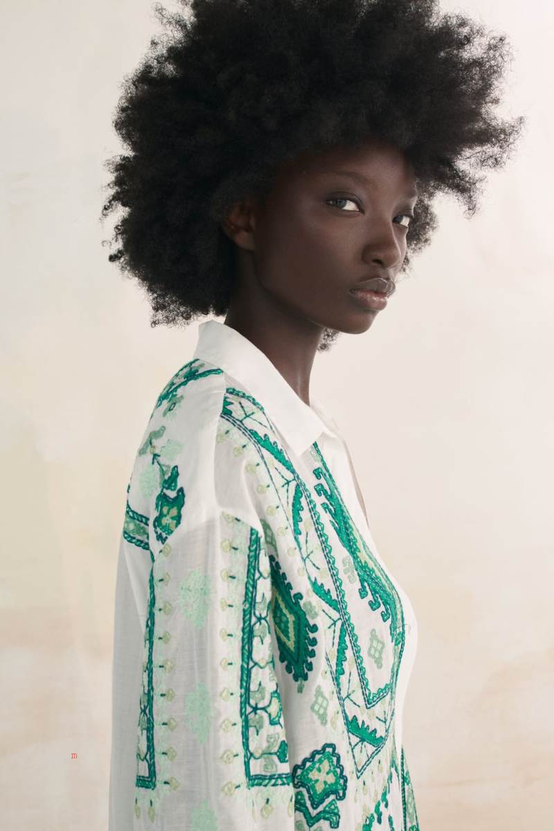 ZARA LONG EMBROIDERED Skjorta Dam Vita | QKGIC-8205