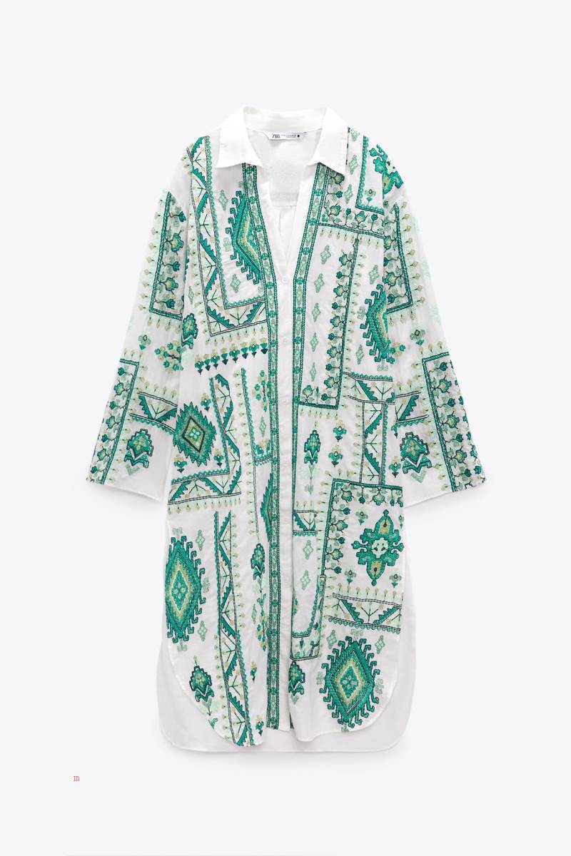 ZARA LONG EMBROIDERED Skjorta Dam Vita | QKGIC-8205