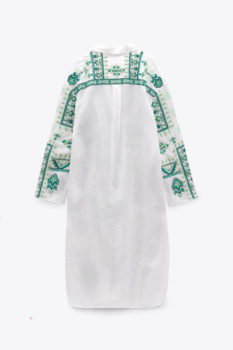 ZARA LONG EMBROIDERED Skjorta Dam Vita | QKGIC-8205
