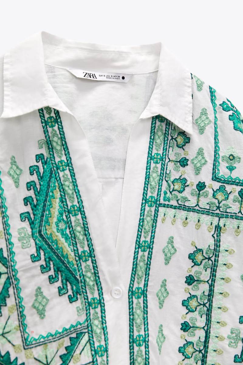 ZARA LONG EMBROIDERED Skjorta Dam Vita | QKGIC-8205