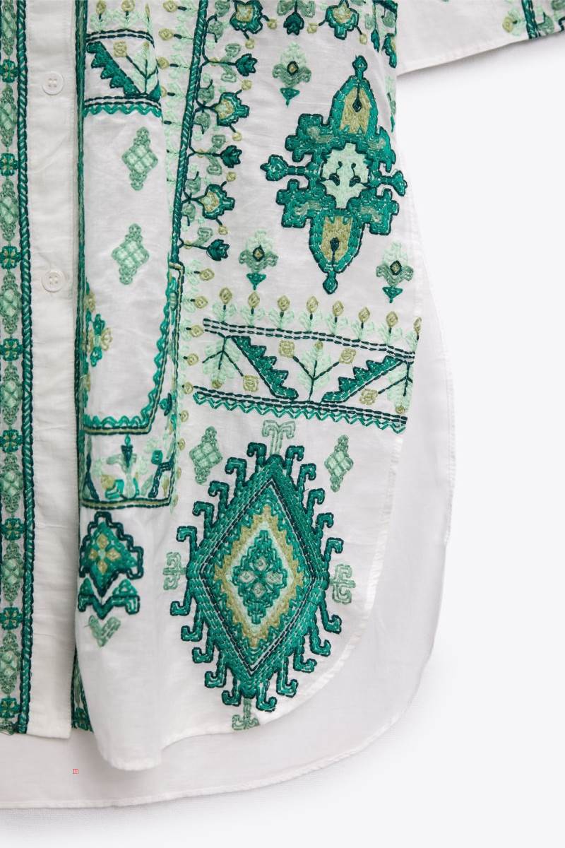ZARA LONG EMBROIDERED Skjorta Dam Vita | QKGIC-8205