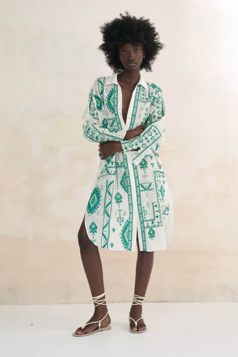 ZARA LONG EMBROIDERED Skjorta Dam Vita | QKGIC-8205