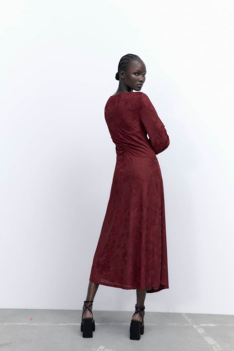 ZARA LONG JACQUARD MAXI Klänning Dam Vinröda | KSUTB-1586