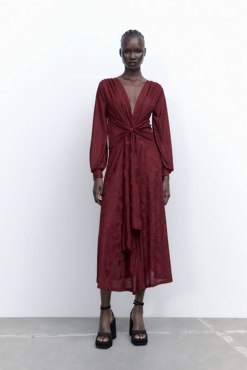 ZARA LONG JACQUARD MAXI Klänning Dam Vinröda | KSUTB-1586