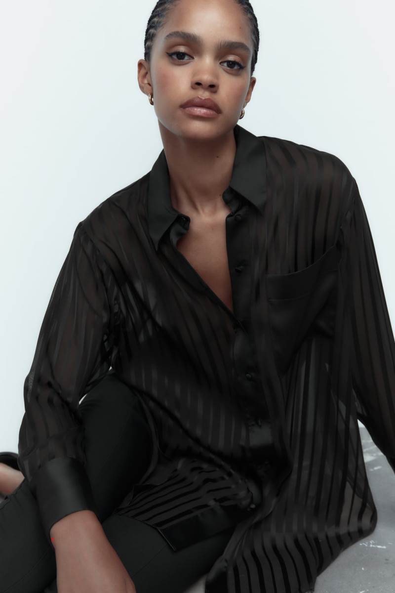 ZARA LONG SEMI-SHEER OVERSIZE Blusar Dam Svarta | FVNZP-8196