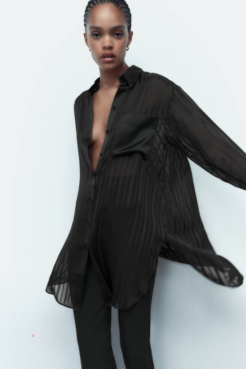 ZARA LONG SEMI-SHEER OVERSIZE Blusar Dam Svarta | FVNZP-8196