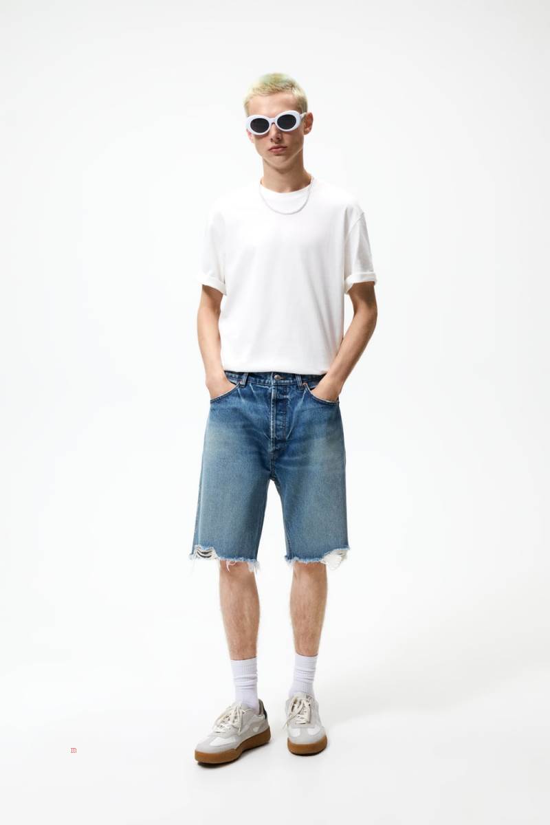 ZARA LOOSE FIT DENIM BERMUDAS Shorts Herr Blå | DWANE-6198