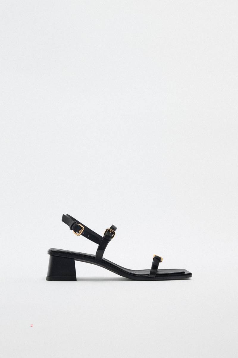 ZARA LOW-HEEL LEATHER WITH BUCKLE DETAIL Sandaler Dam Svarta | CXQTY-8372