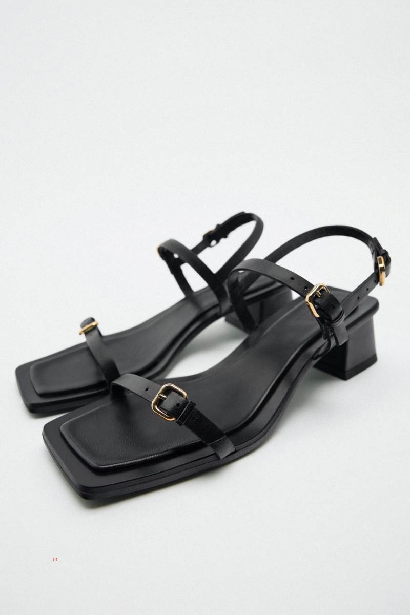 ZARA LOW-HEEL LEATHER WITH BUCKLE DETAIL Sandaler Dam Svarta | CXQTY-8372