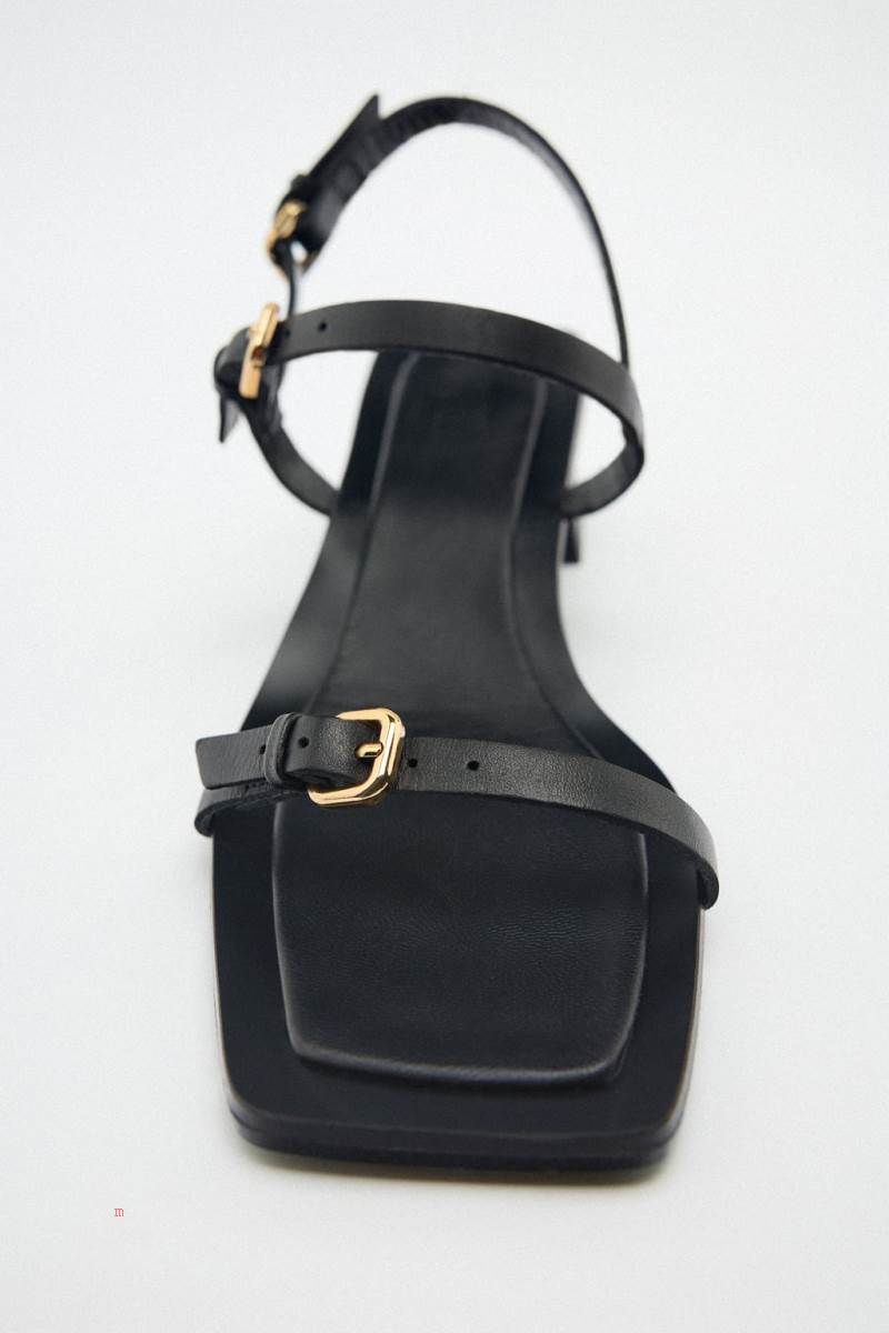 ZARA LOW-HEEL LEATHER WITH BUCKLE DETAIL Sandaler Dam Svarta | CXQTY-8372