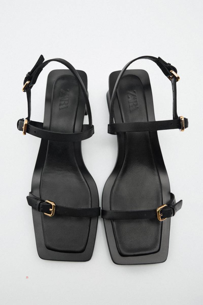 ZARA LOW-HEEL LEATHER WITH BUCKLE DETAIL Sandaler Dam Svarta | CXQTY-8372