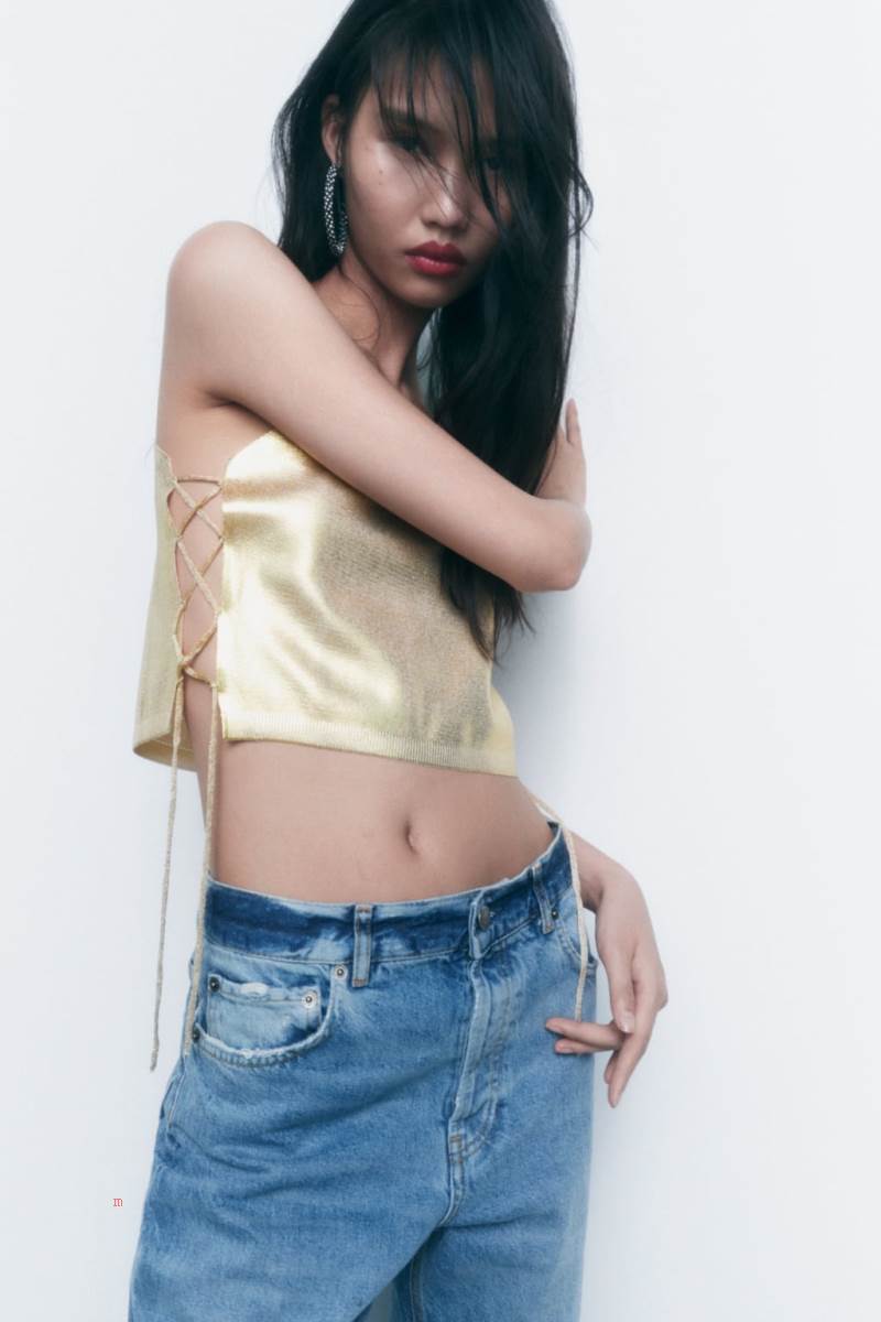 ZARA METALLIC KNIT TOP Crop Top Dam Guld | UXYQF-9280