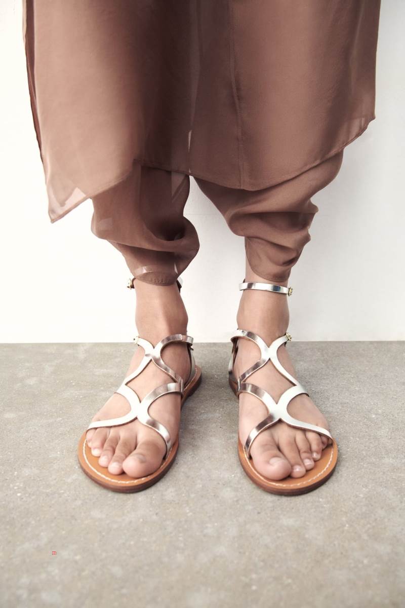 ZARA METALLIC LEATHER FLAT Sandaler Dam Silver | NZGMI-3856