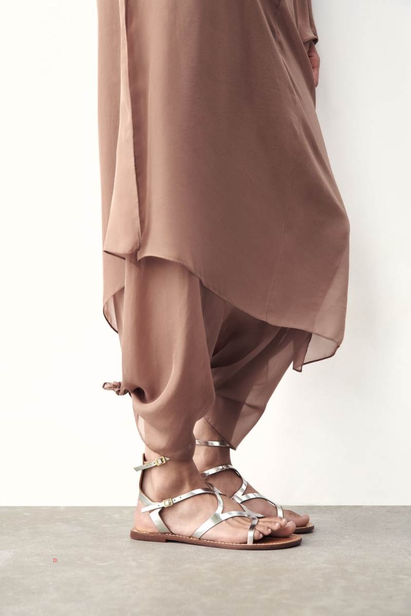 ZARA METALLIC LEATHER FLAT Sandaler Dam Silver | NZGMI-3856