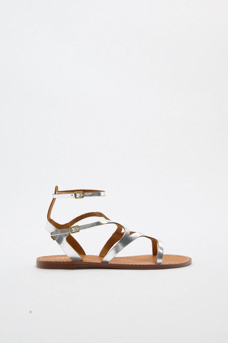 ZARA METALLIC LEATHER FLAT Sandaler Dam Silver | NZGMI-3856