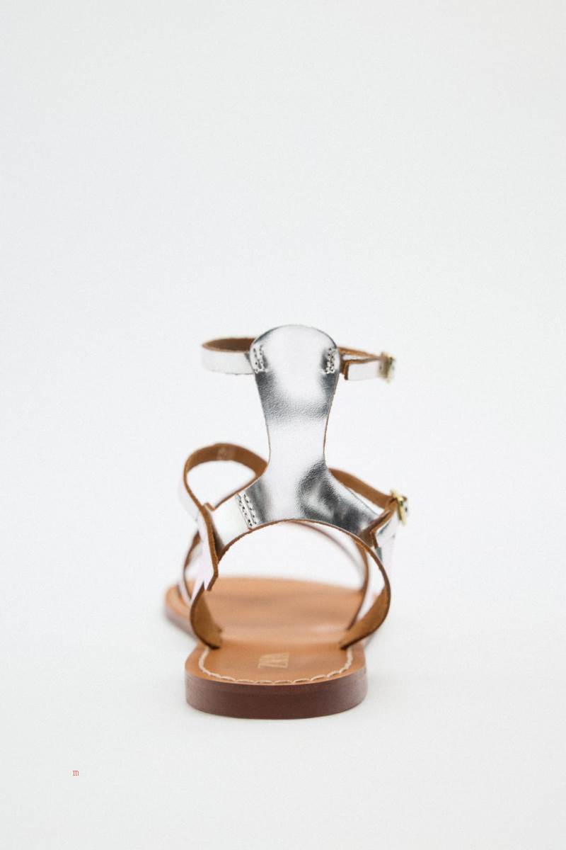 ZARA METALLIC LEATHER FLAT Sandaler Dam Silver | NZGMI-3856