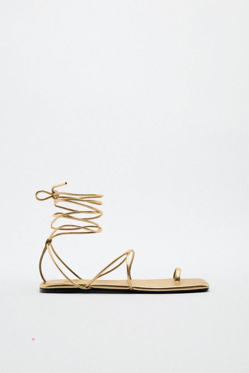 ZARA METALLIC LEATHER LACE UP Sandaler Dam Guld | IHRVB-8062