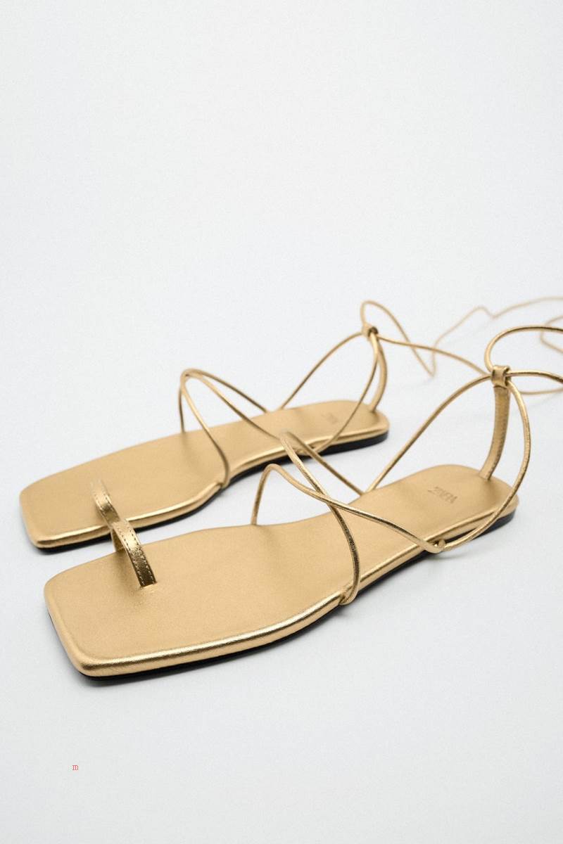 ZARA METALLIC LEATHER LACE UP Sandaler Dam Guld | IHRVB-8062