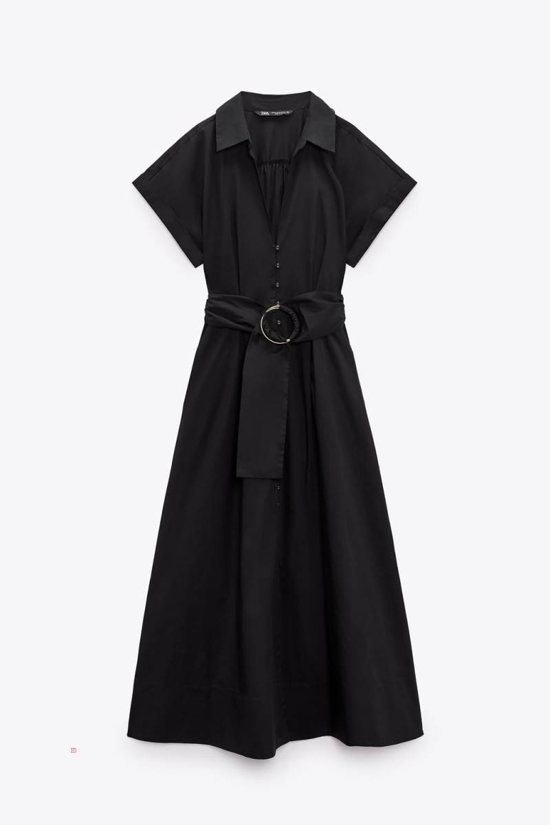 ZARA MIDI WITH BELT Klänning Dam Svarta | NBUKJ-2069