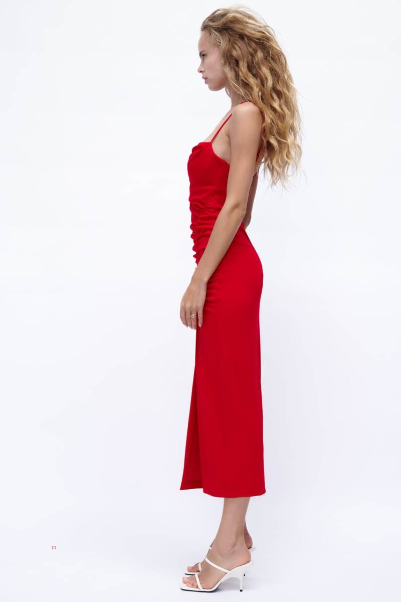 ZARA MIDI WITH DRAPED DETAIL Klänning Dam Röda | YQUHT-6819