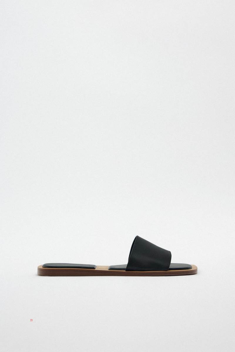 ZARA MINIMALIST LEATHER FLAT SLIDER Sandaler Dam Svarta | TPQMG-5426