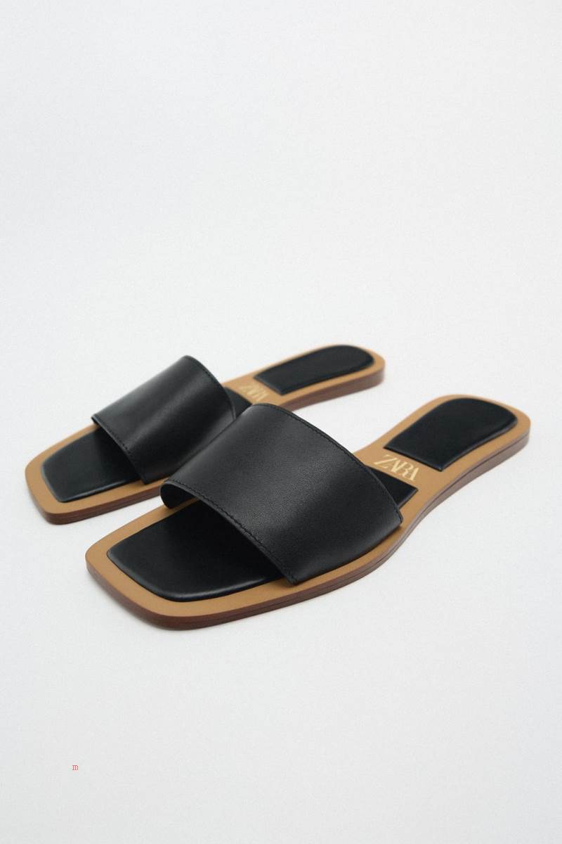 ZARA MINIMALIST LEATHER FLAT SLIDER Sandaler Dam Svarta | TPQMG-5426