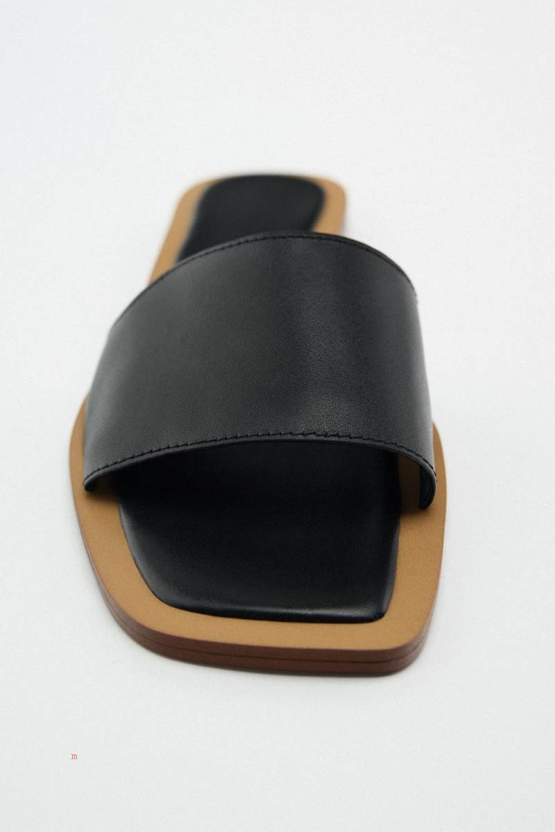 ZARA MINIMALIST LEATHER FLAT SLIDER Sandaler Dam Svarta | TPQMG-5426