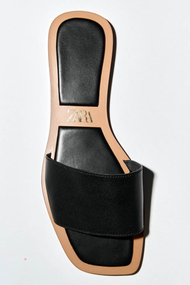 ZARA MINIMALIST LEATHER FLAT SLIDER Sandaler Dam Svarta | TPQMG-5426