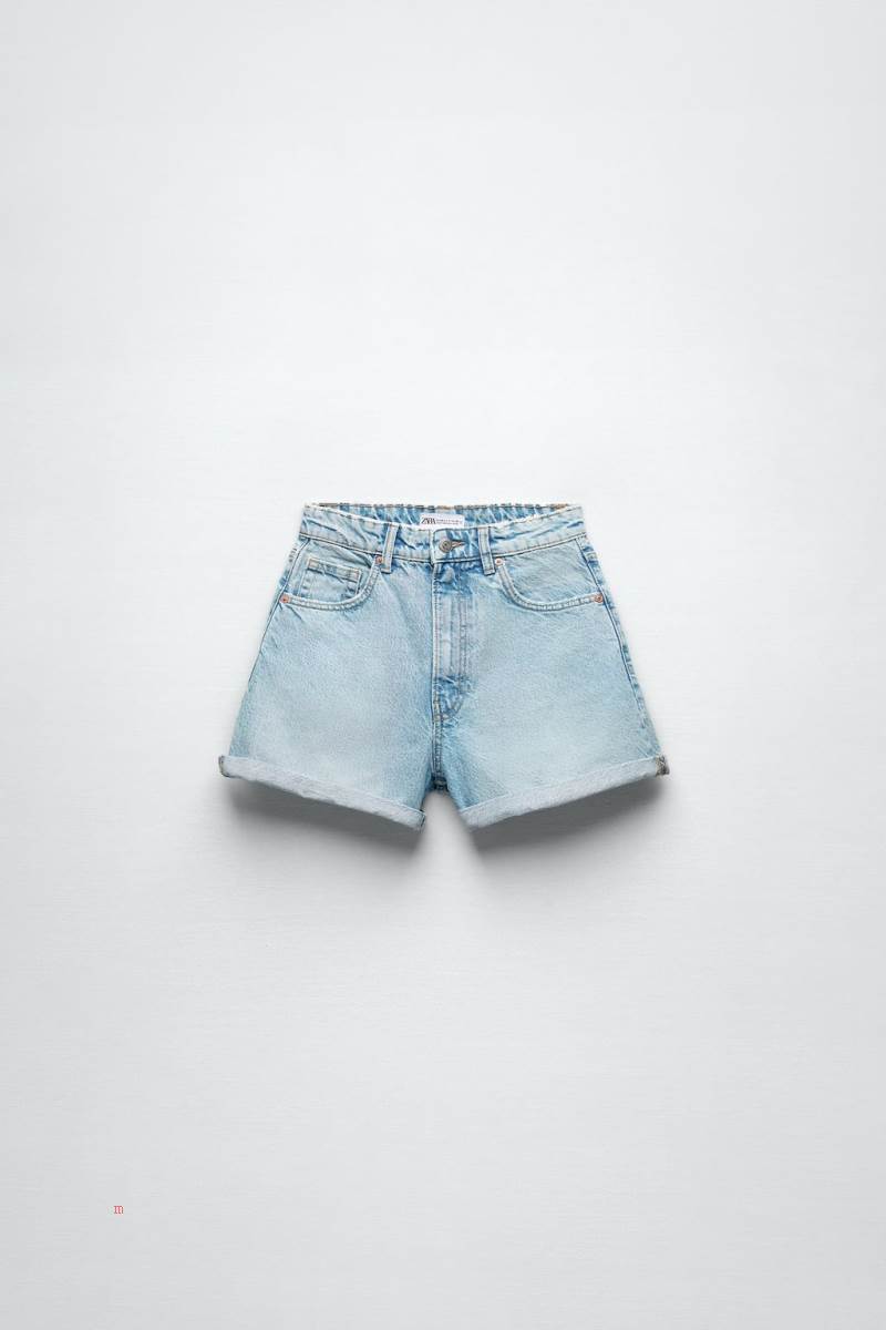 ZARA MOM FIT BERMUDA Shorts Dam Ljusblå | QEFIB-2835