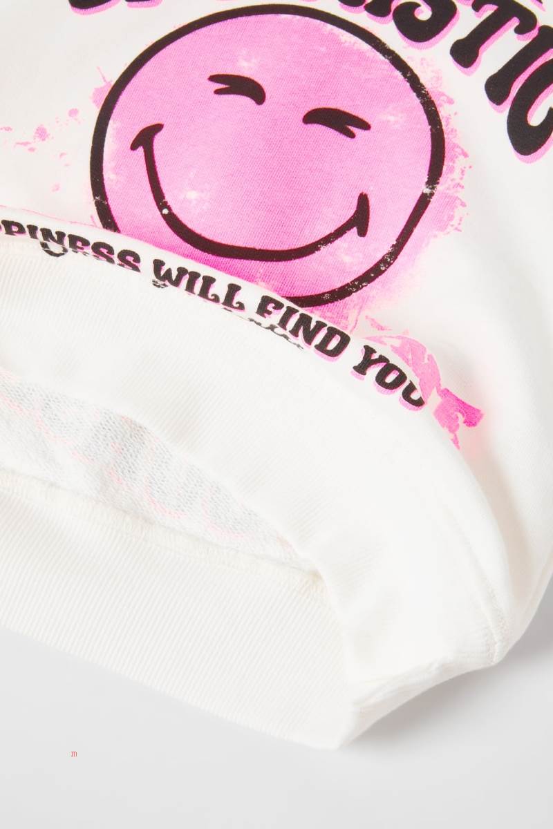 ZARA NEON SMILEYWORLD ® HAPPY COLLECTION Hoodie Tjej Vita | FERTW-5120