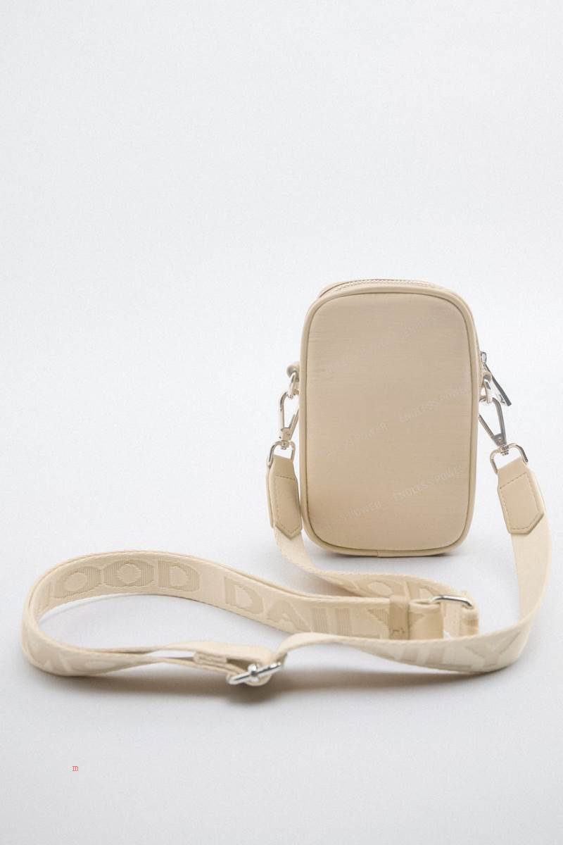 ZARA NYLON MOBILE PHONE BAG WITH SLOGAN DETAIL Crossbody Väska Dam Beige | ANSCR-9351
