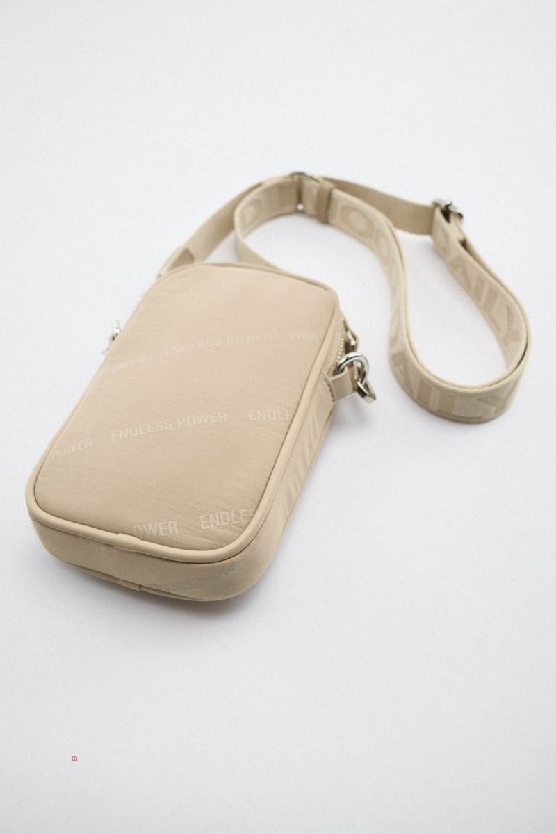 ZARA NYLON MOBILE PHONE BAG WITH SLOGAN DETAIL Crossbody Väska Dam Beige | ANSCR-9351