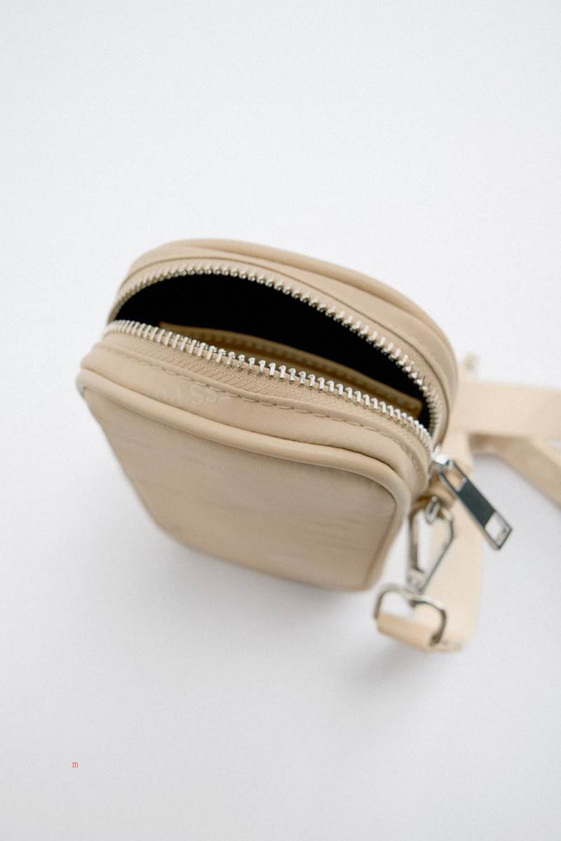 ZARA NYLON MOBILE PHONE BAG WITH SLOGAN DETAIL Crossbody Väska Dam Beige | ANSCR-9351
