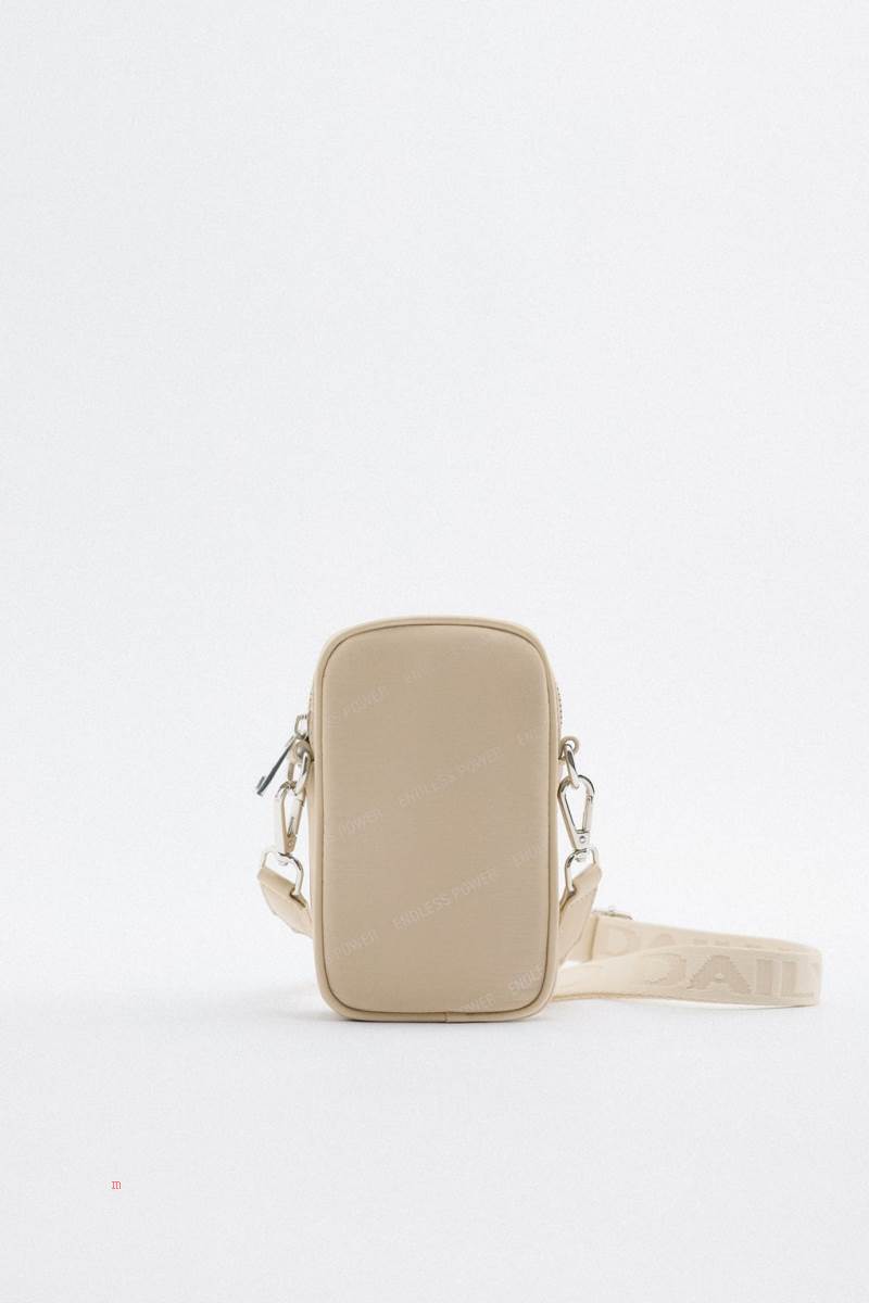 ZARA NYLON MOBILE PHONE BAG WITH SLOGAN DETAIL Crossbody Väska Dam Beige | ANSCR-9351