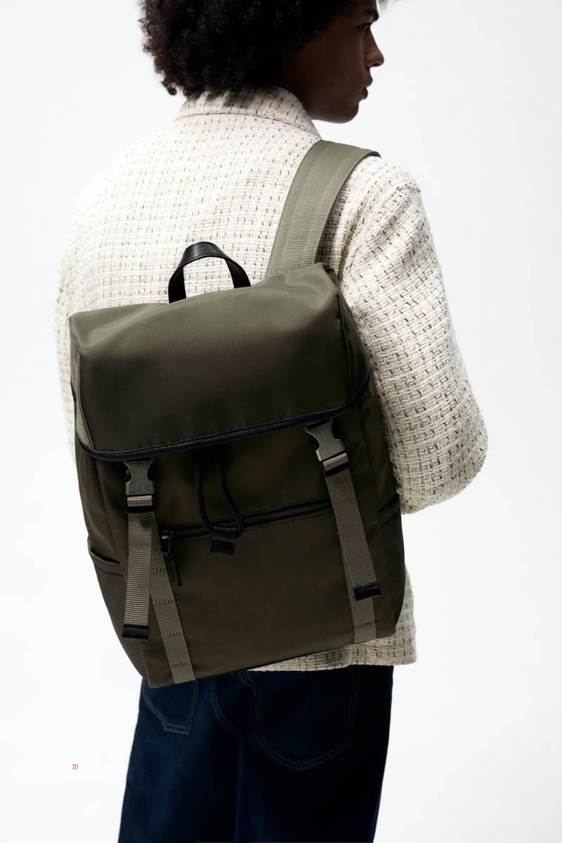 ZARA NYLON WITH FLAP Ryggsäck Herr Khaki Gröna | EQXMB-2987