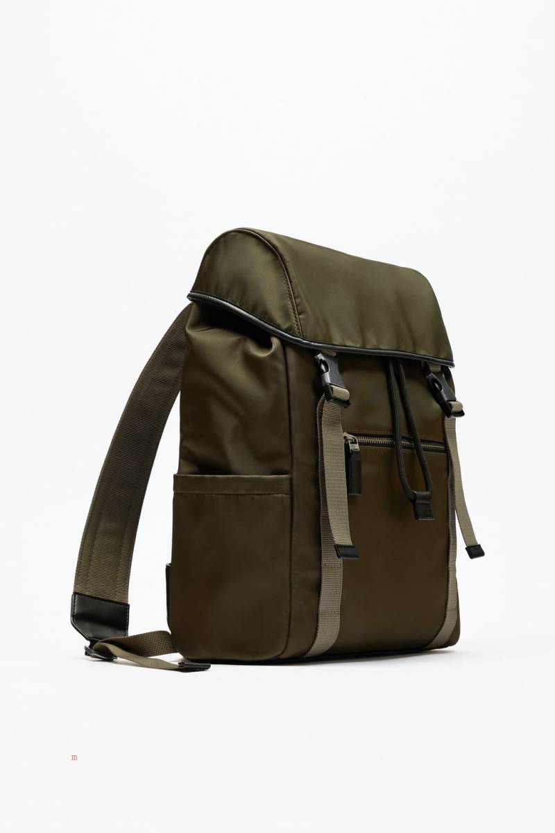 ZARA NYLON WITH FLAP Ryggsäck Herr Khaki Gröna | EQXMB-2987