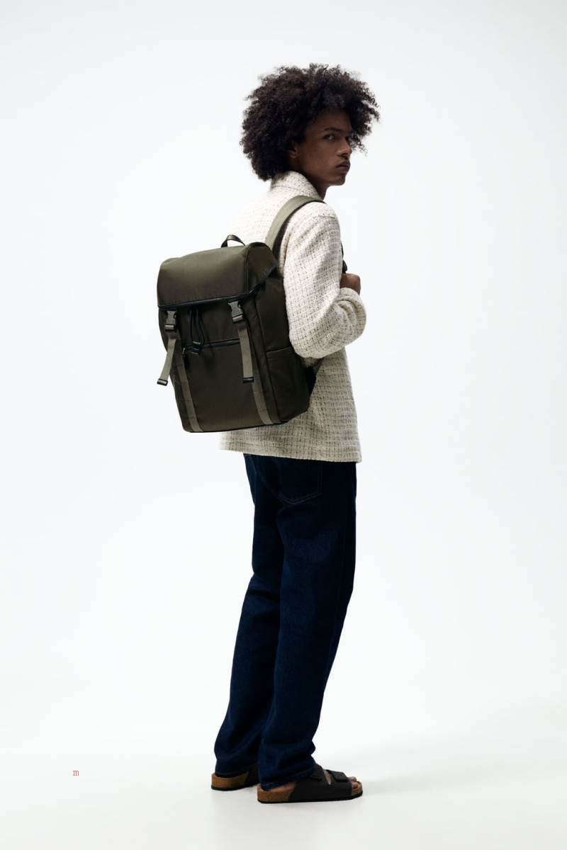 ZARA NYLON WITH FLAP Ryggsäck Herr Khaki Gröna | EQXMB-2987