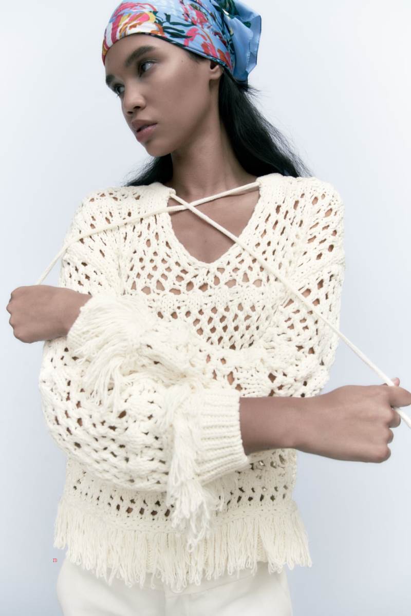 ZARA OPEN KNIT WITH FRINGING Tröjor Dam Grå Vita | IWENO-0489