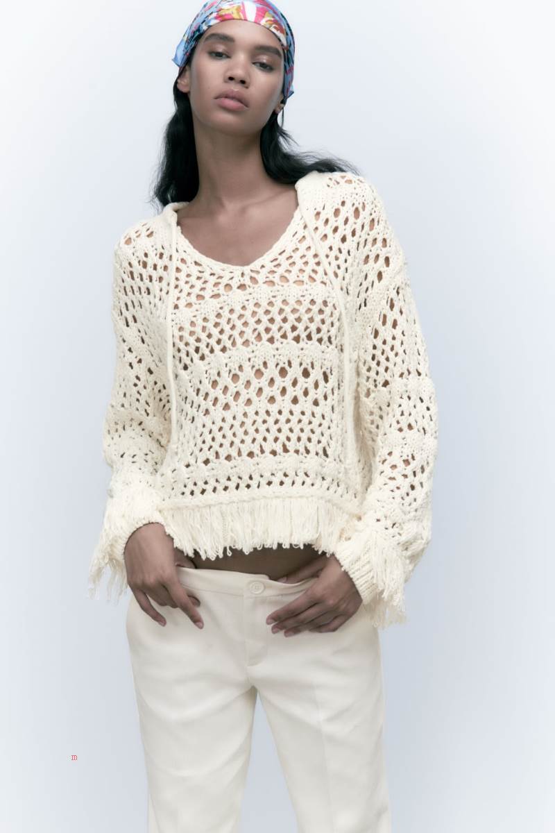 ZARA OPEN KNIT WITH FRINGING Tröjor Dam Grå Vita | IWENO-0489