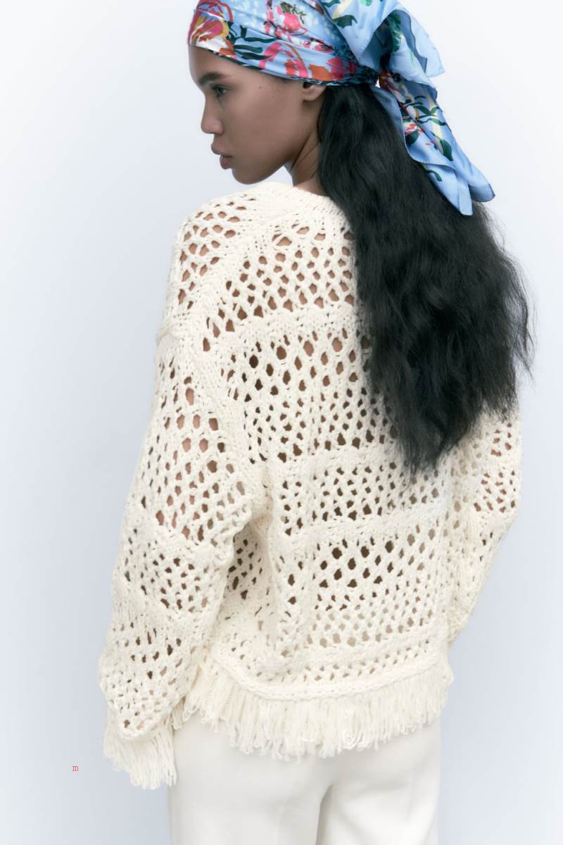 ZARA OPEN KNIT WITH FRINGING Tröjor Dam Grå Vita | IWENO-0489