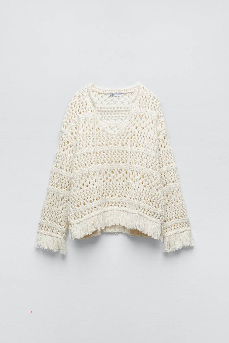ZARA OPEN KNIT WITH FRINGING Tröjor Dam Grå Vita | IWENO-0489