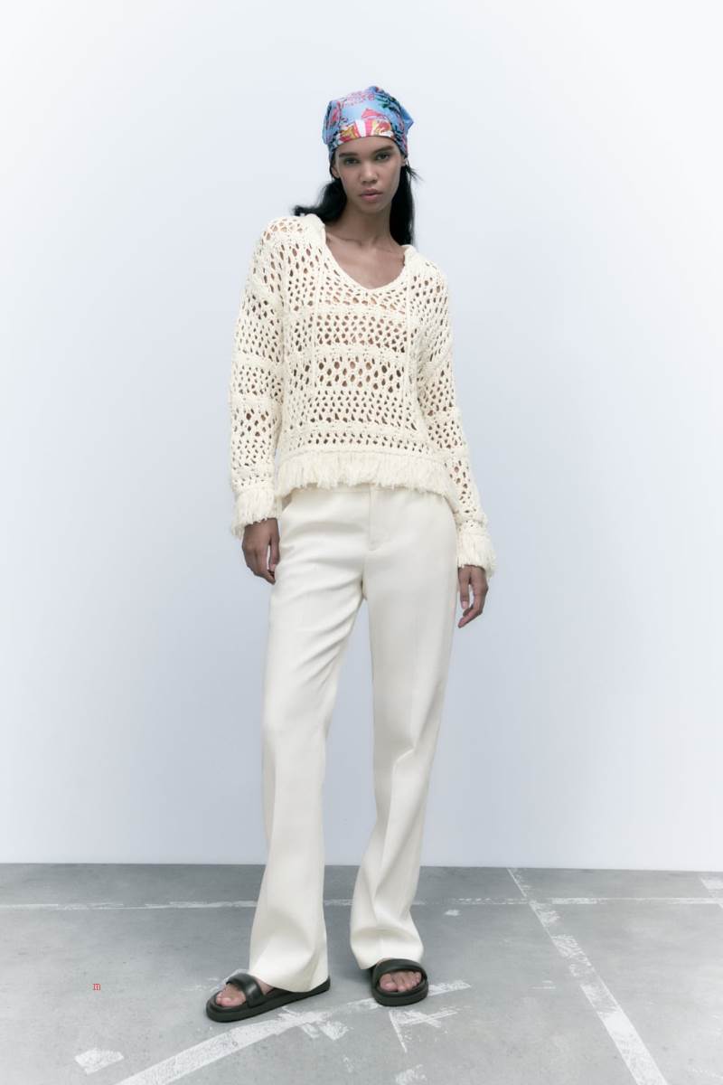 ZARA OPEN KNIT WITH FRINGING Tröjor Dam Grå Vita | IWENO-0489