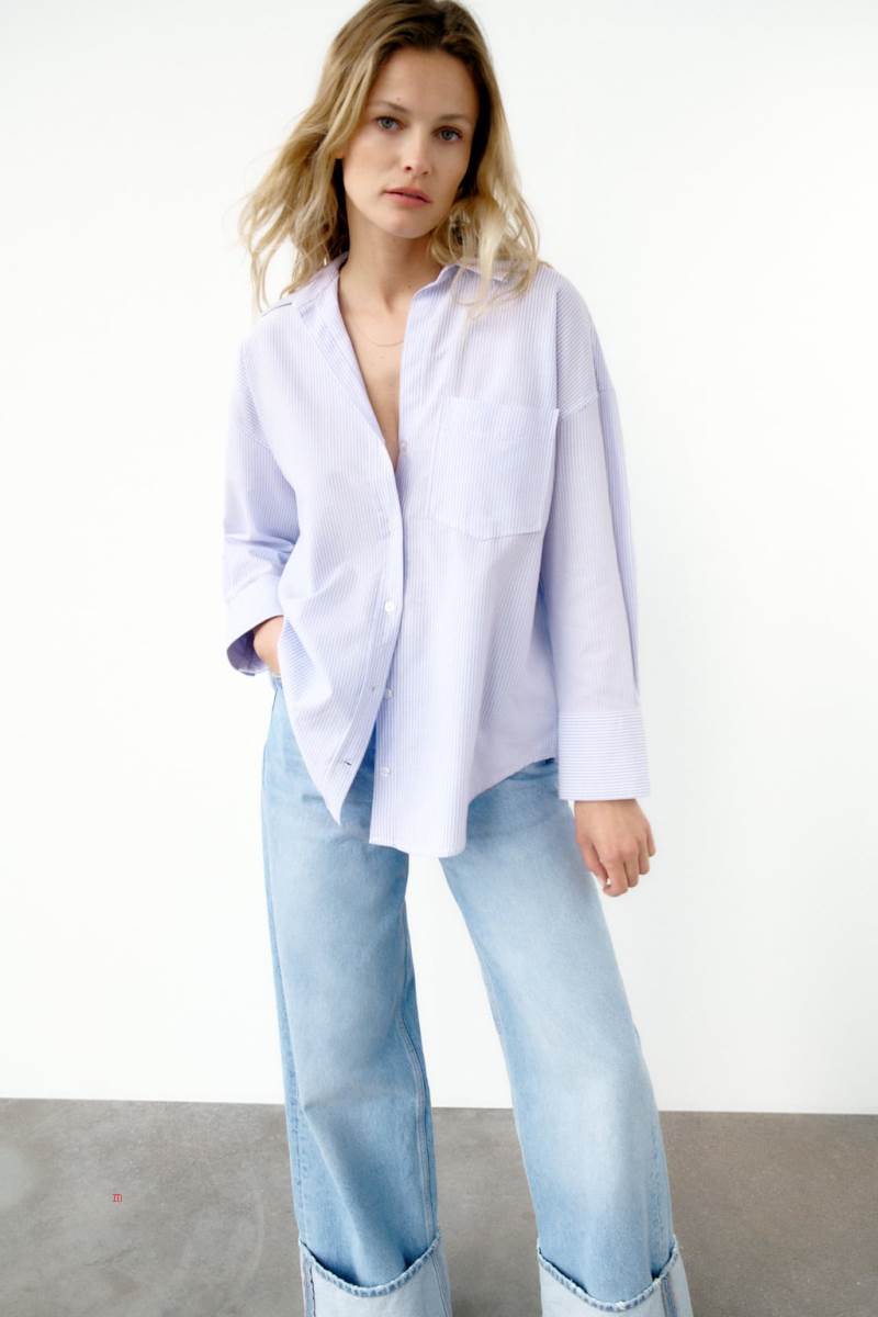 ZARA OXFORD Skjorta Dam Vita Blå | SGEFH-3850
