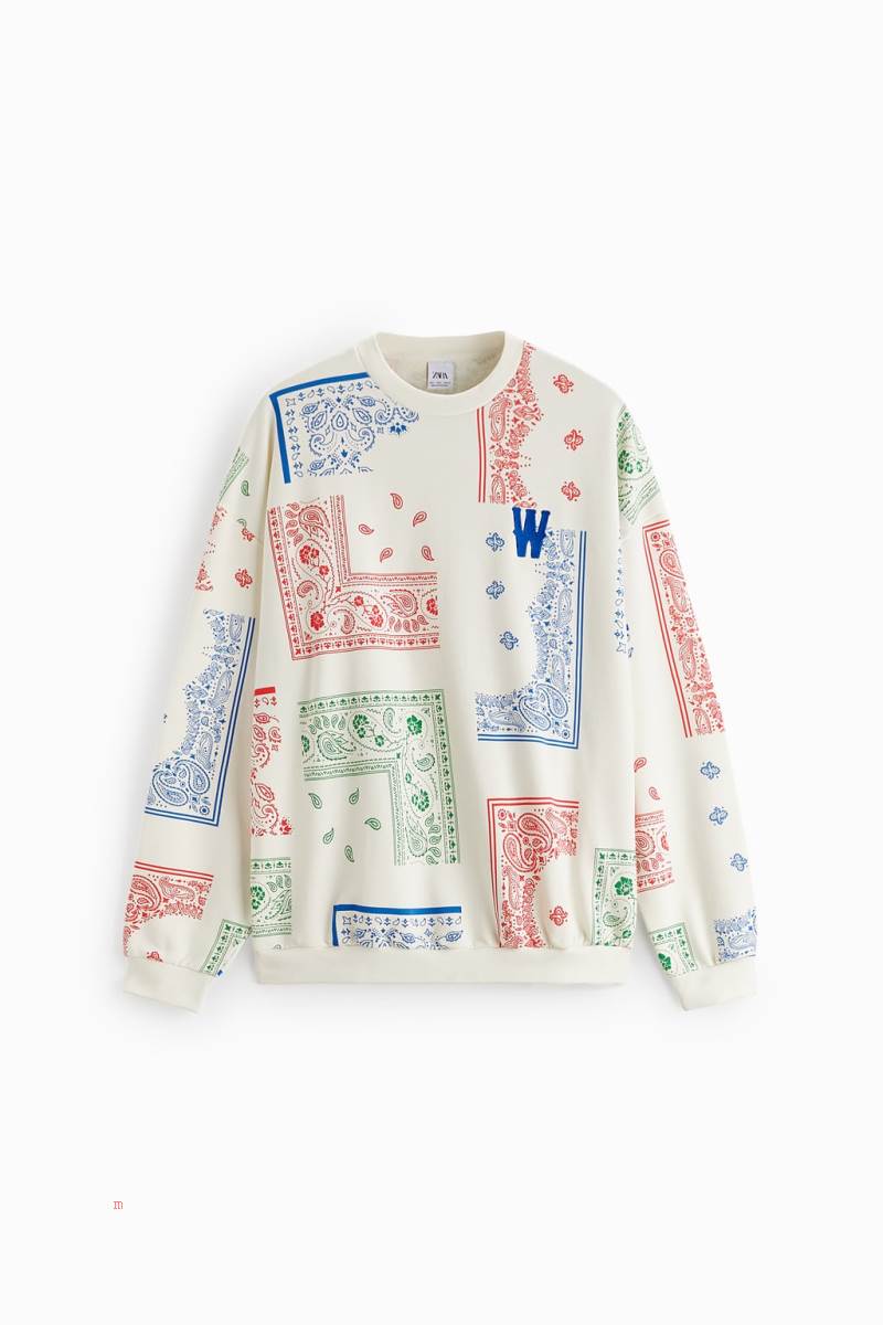 ZARA PAISLEY PRINT Hoodie Herr Vita | UPRYJ-8379